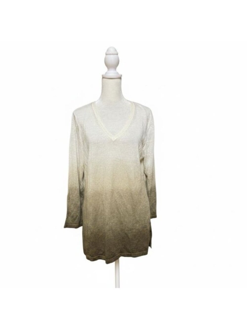 Jones New York Linen Blend Ombre V-Neck Knit Top 3/4 Sleeve Medium